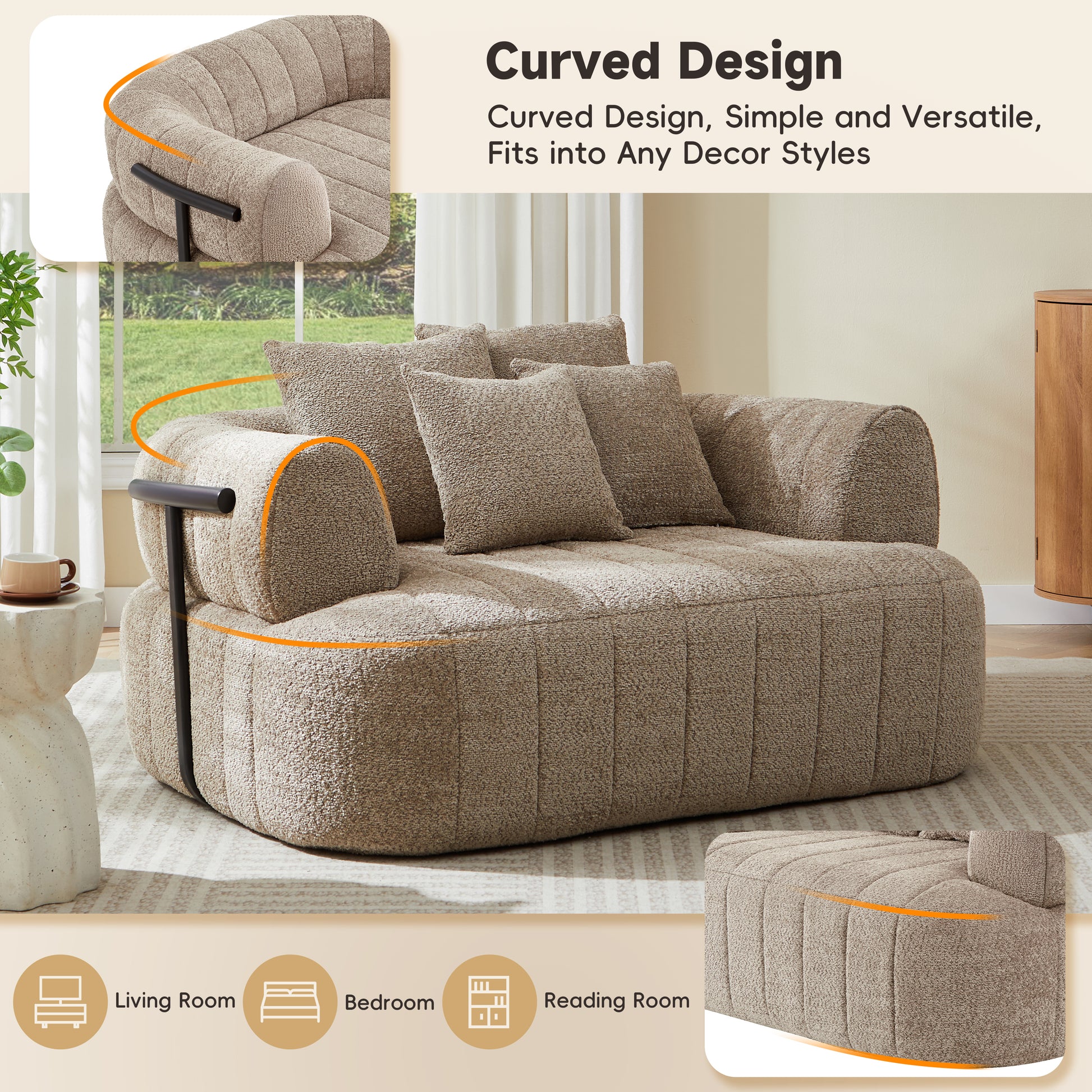 64" Oversized Boneless Chair Chaise Lounge Indoor with Metal Support, Upholstered Boucle Deep Seat Single Cloud Sofa Chair, Cozy Comfy Sofa Bed for Living Room & Bedroom image 10