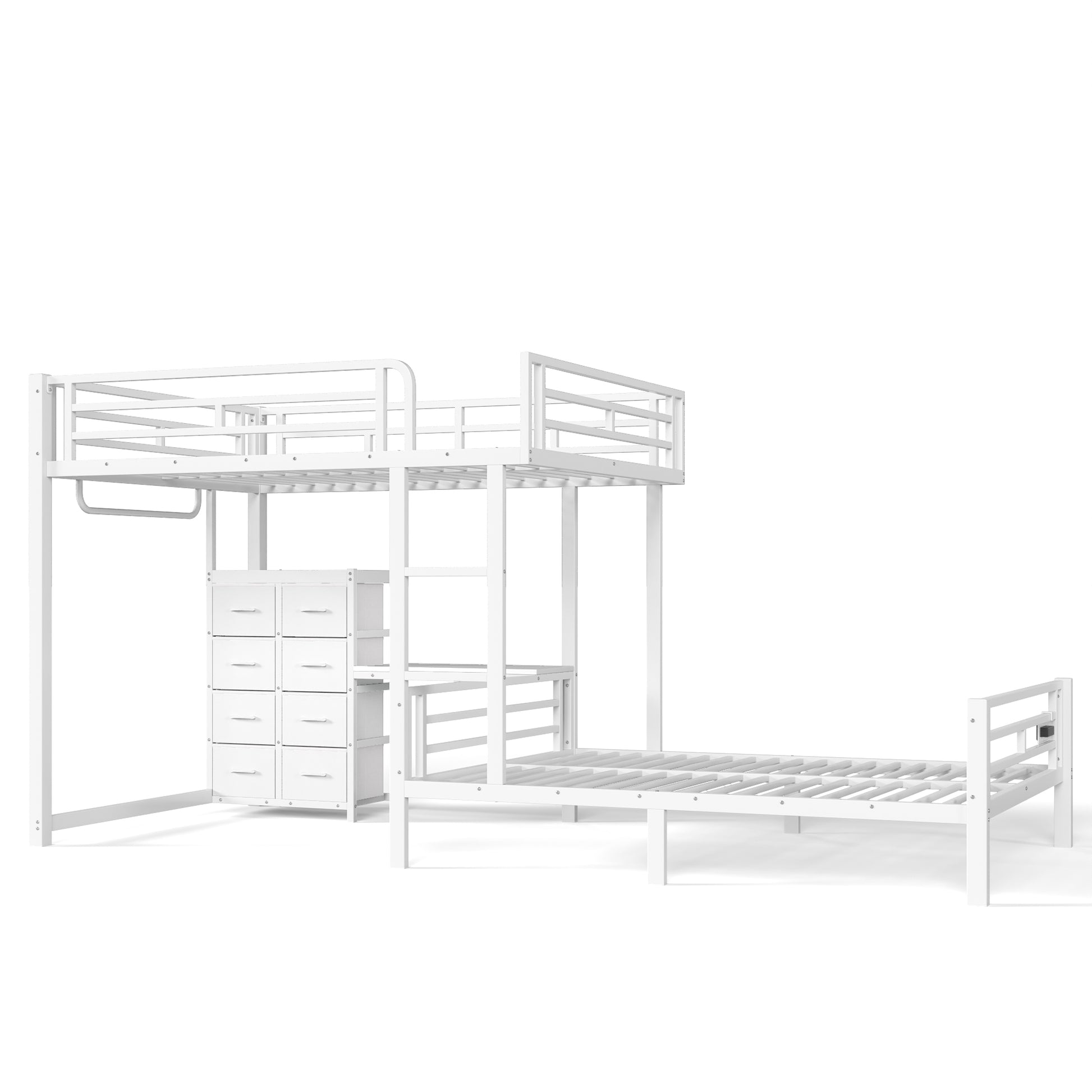Full over Full Size with 8 Storage Drawers,Built in Bunk bed with Shelves,Bunk bed with Study Desk,Garment Hanging Rod and detachable hanging USB, Sturdy Steel Bed frame for Kids,Teens,adults,white image 11