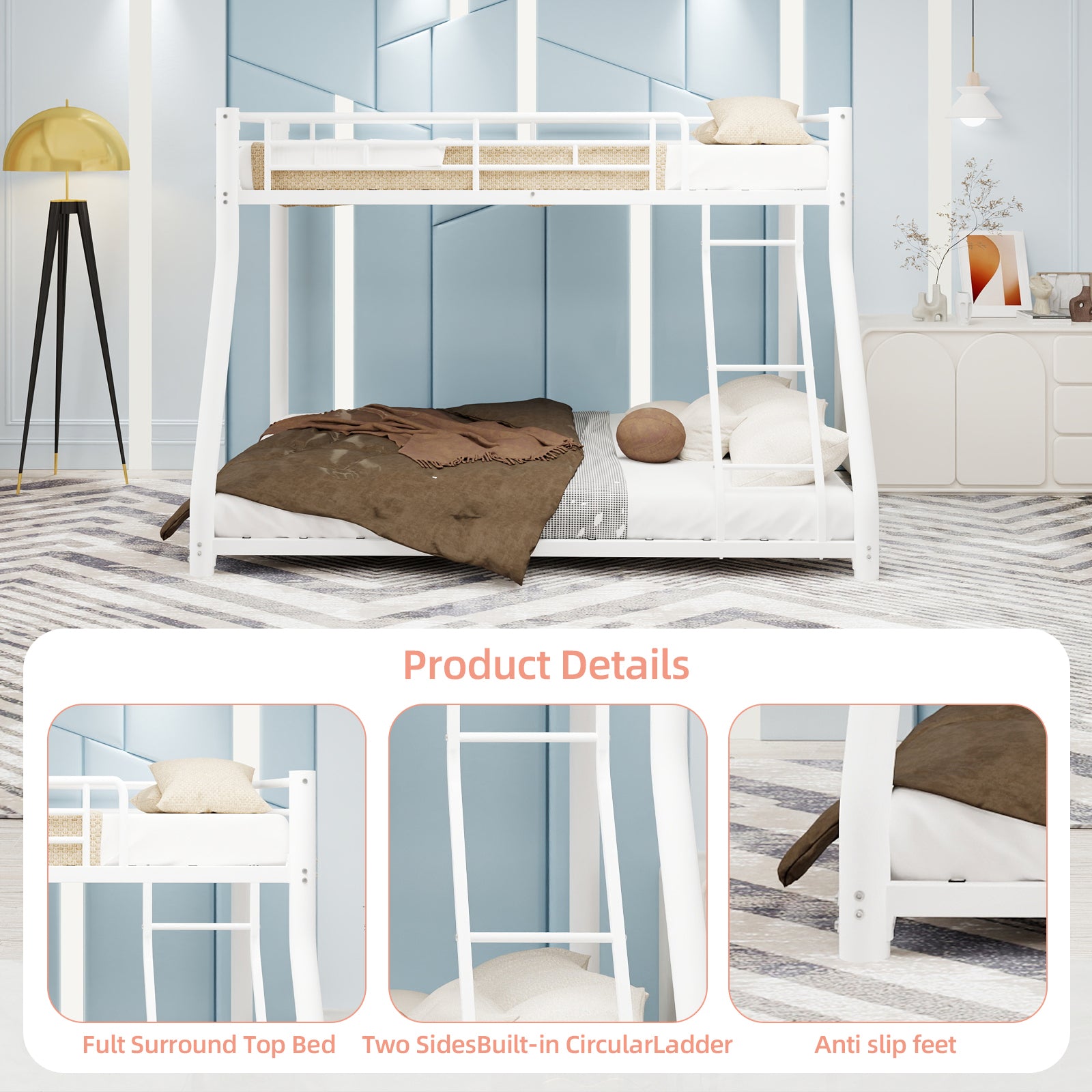 Metal Bunk Bed Twin Over Full Size with Removable Stairs, Heavy Duty Sturdy Frame with 12" Under-Bed Storage for Teen & Adults, Teens, No Box Spring Needed, White image 12