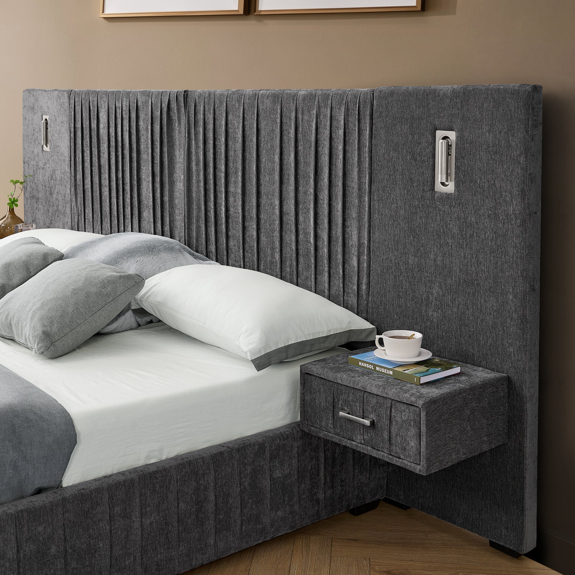 Queen Size Upholstered Bed Frame with Chenille fabric with pleated design,Grounded Queen Size Platform Bed with Headboard and Solid Frame and the bedside table.No Box Spring Needed-DARK GREY image 8