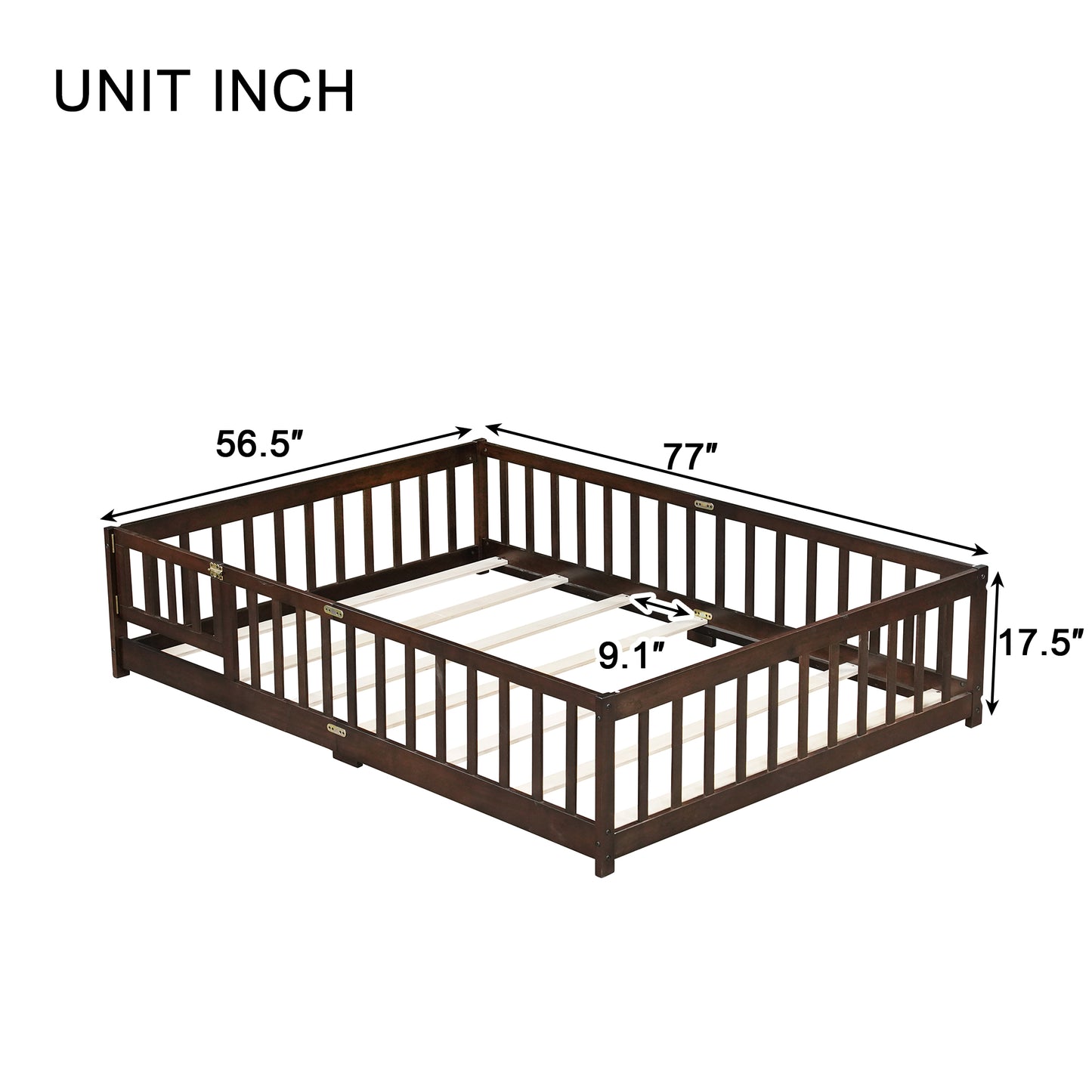 Full Size Floor Bed with Fence and Door,Rubber Wood Floor Bed with Safety Guardrails,Espresso (Old Sku W504P286381) image 12