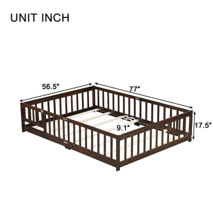 Full Size Floor Bed with Fence and Door,Rubber Wood Floor Bed with Safety Guardrails,Espresso (Old Sku W504P286381) image 12