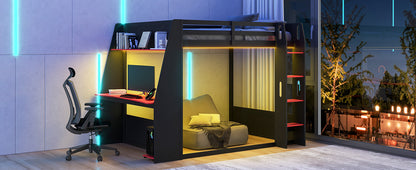 Full Size Wooden Gaming Bunk Bed with Desk,Two Storage Shelves,USB and LED Light image 9