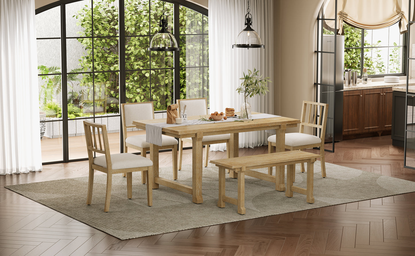 TREXM 6-Piece Farmhouse Dining Set for 6, Kitchen & Dining Room Sets with Solid Wood Legs and Frame, Ergonomic Dual-Style Chairs, Ideal for Kitchen & Dining Room (Natural Wood Wash+ Beige) image 3
