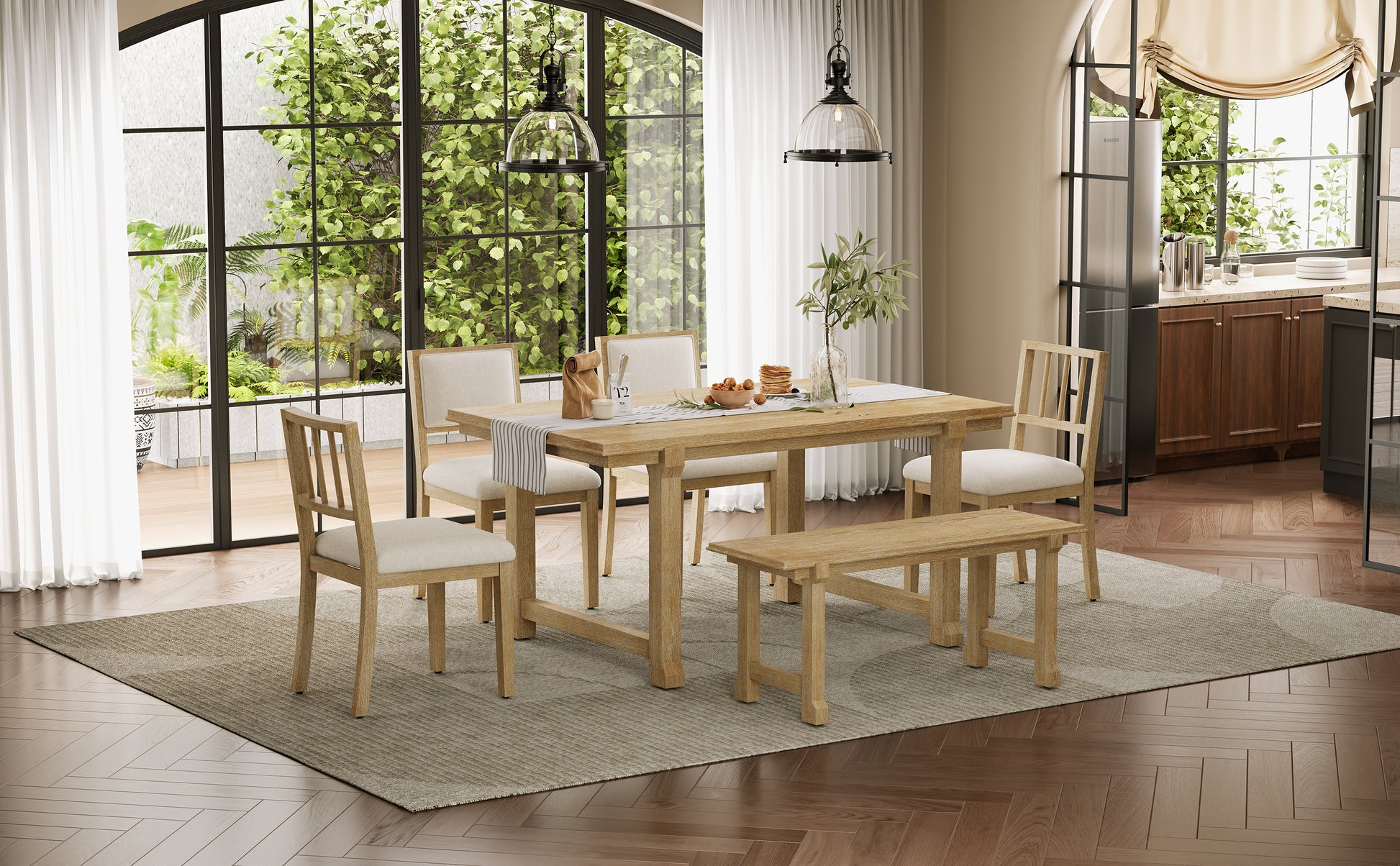 TREXM 6-Piece Farmhouse Dining Set for 6, Kitchen & Dining Room Sets with Solid Wood Legs and Frame, Ergonomic Dual-Style Chairs, Ideal for Kitchen & Dining Room (Natural Wood Wash+ Beige) image 3