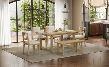 TREXM 6-Piece Farmhouse Dining Set for 6, Kitchen & Dining Room Sets with Solid Wood Legs and Frame, Ergonomic Dual-Style Chairs, Ideal for Kitchen & Dining Room (Natural Wood Wash+ Beige) image 3
