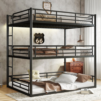 Full over Full over Full Bunk Bed, Metal Triple Bunk Bed with Safety Guardrails, Heavy-duty Bunk Bed with Noise-reduced Design, Black image 1
