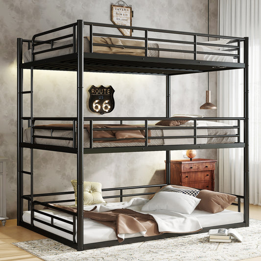 Full over Full over Full Metal Triple Bunk Bed Black - Front View