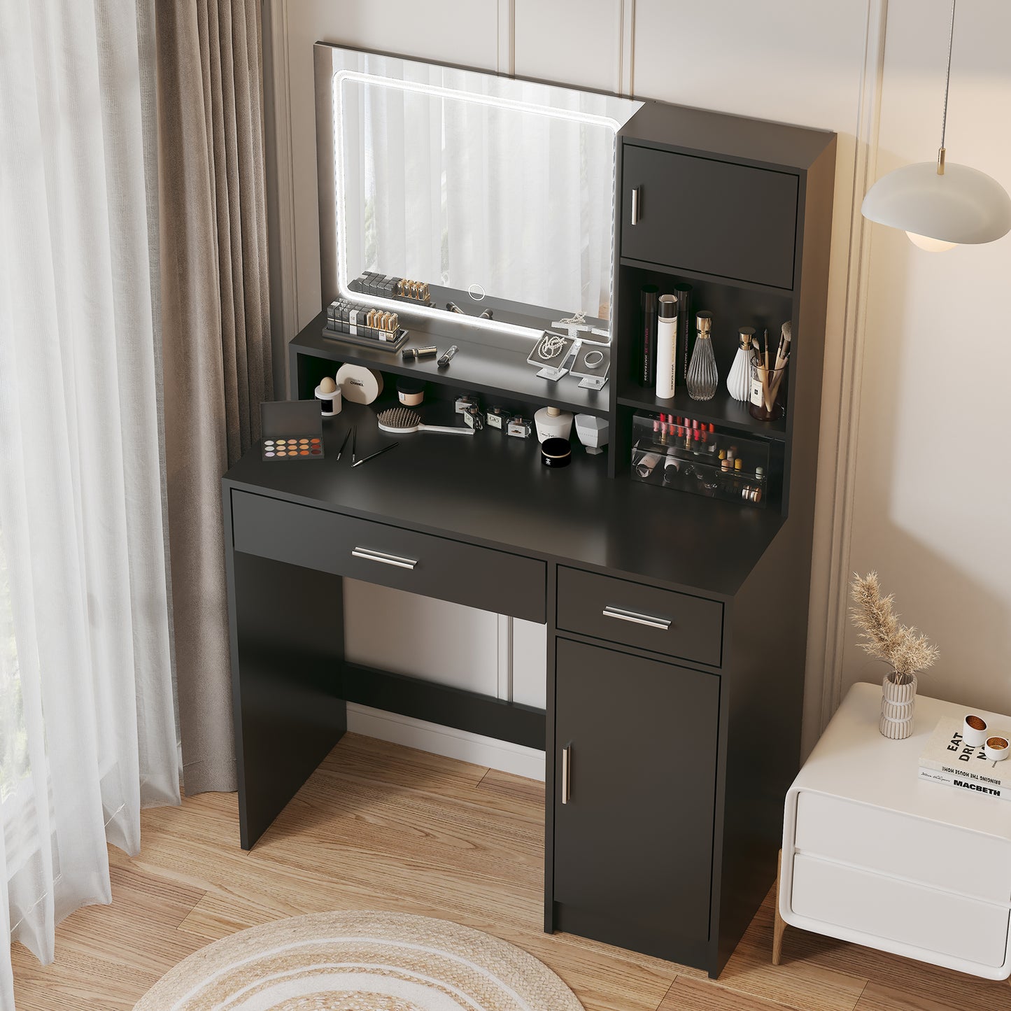 Vanity Desk with Mirror and LED Light Strip,Dressing Table with Large Drawer, 3 Level Storage Dresser & 3 Lighting Modes Adjustable Brightness, Suitable for Bedroom(Black) image 5