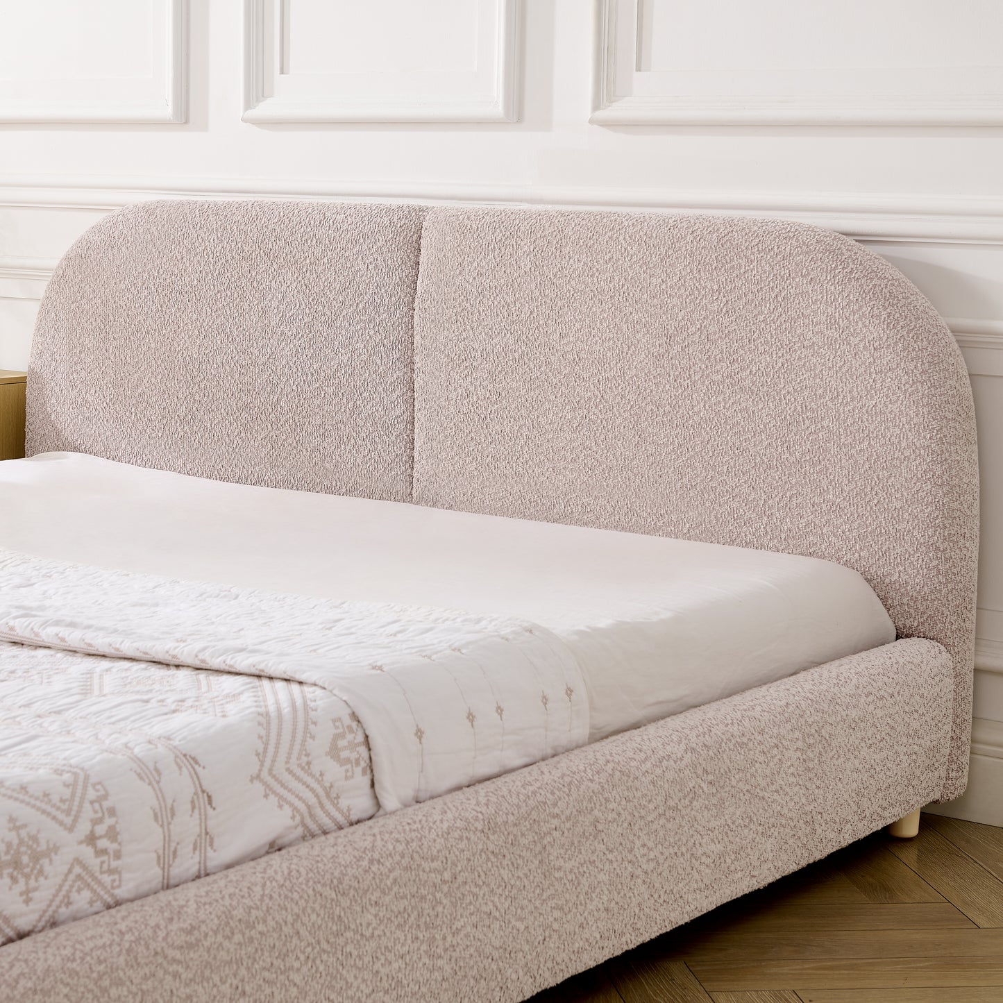 Queen Size Upholstered Bed Frame, Modern Minimalist Style with Tall Curved Headboard, Premium Circle Yarn Fabric & Sturdy Leg Support, Mattress Not Included-Pink image 4
