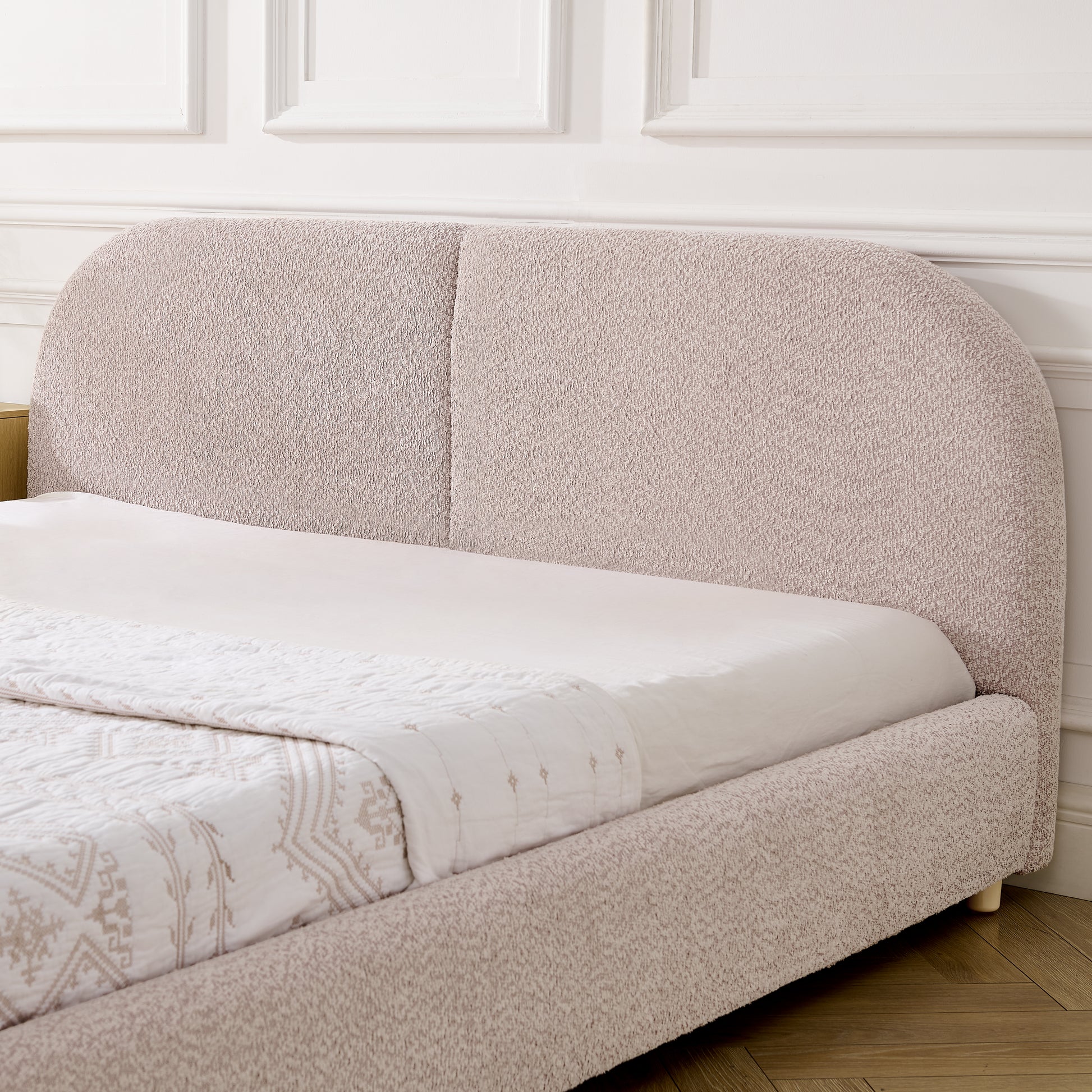 Queen Size Upholstered Bed Frame, Modern Minimalist Style with Tall Curved Headboard, Premium Circle Yarn Fabric & Sturdy Leg Support, Mattress Not Included-Pink image 4