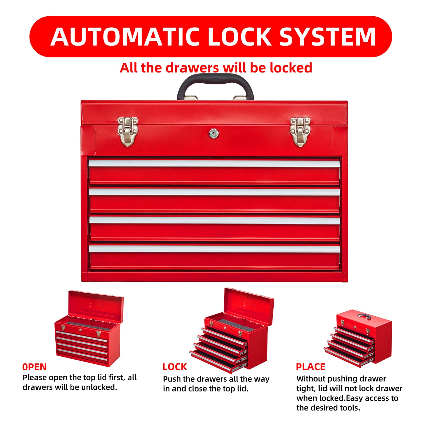 Metal Tool Box with 4 Drawers Portable Steel Tool Chest with Metal Cylinder Lock and Latch Closure, Liner, Red Powder coating, suitable for Garage, Warehouse and Outdoor Repair job-Red image 7