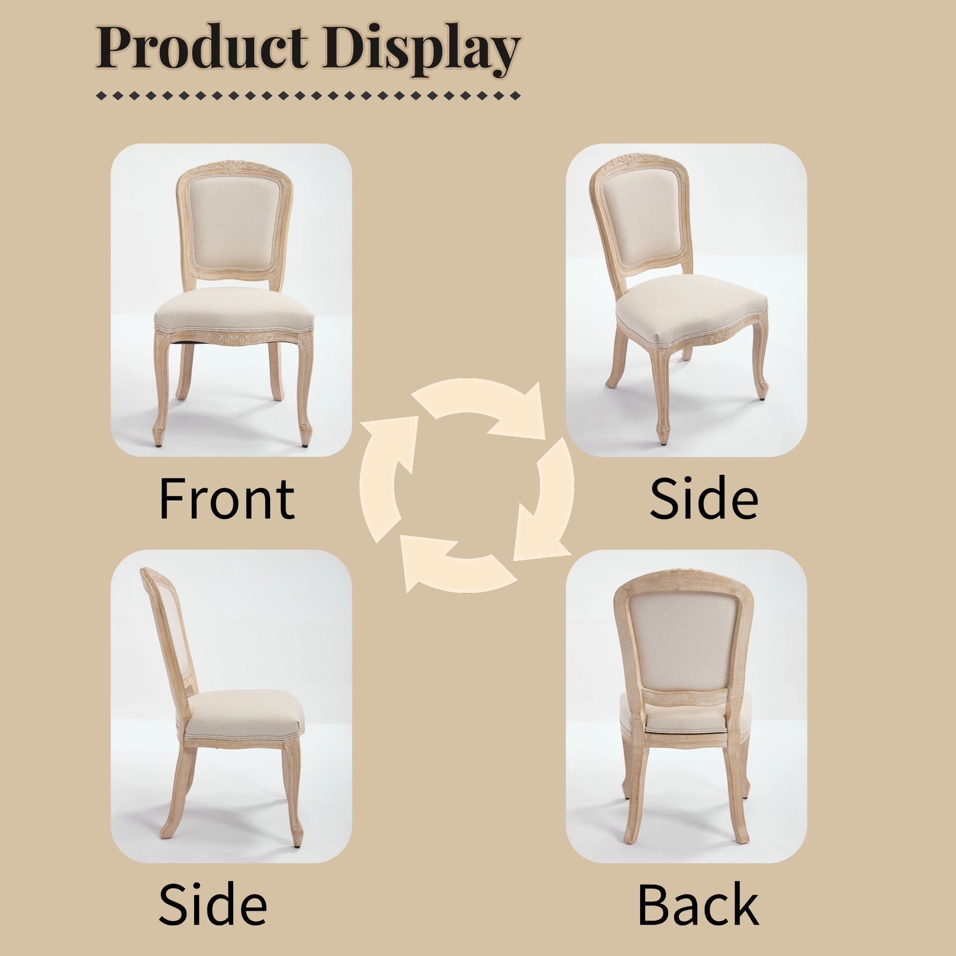 French Country Dining Chairs Set of 2, Upholstered Chairs with Fan-shaped Back, Wire drawing and carving techniques,Disassemblable, for Living Room, Kitchen, Restaurant Use, Beige image 3