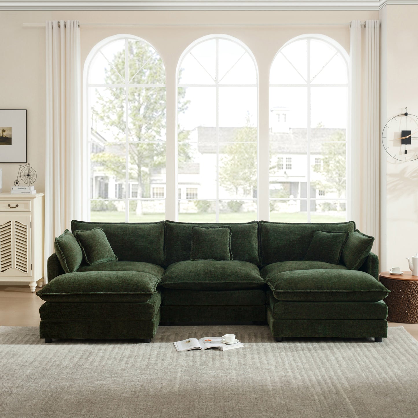 U-Shaped Sectional Sofa w/Reversible Footrest, 3-Seater Convertible Corner Couch with 2 Ottomans,Modern Minimalist Soft Sofa & Couch for Living Room, Green Chenille image 2