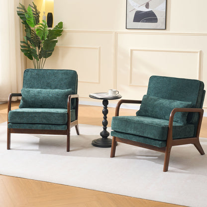 Mid-Century Modern Lounge Chair Single, Upholstered Living Room Chair with Curved Wood Armrests and Lumbar Cushion,Accent Chair for Living Room, Bedroom, Indoor, Dark Green image 11