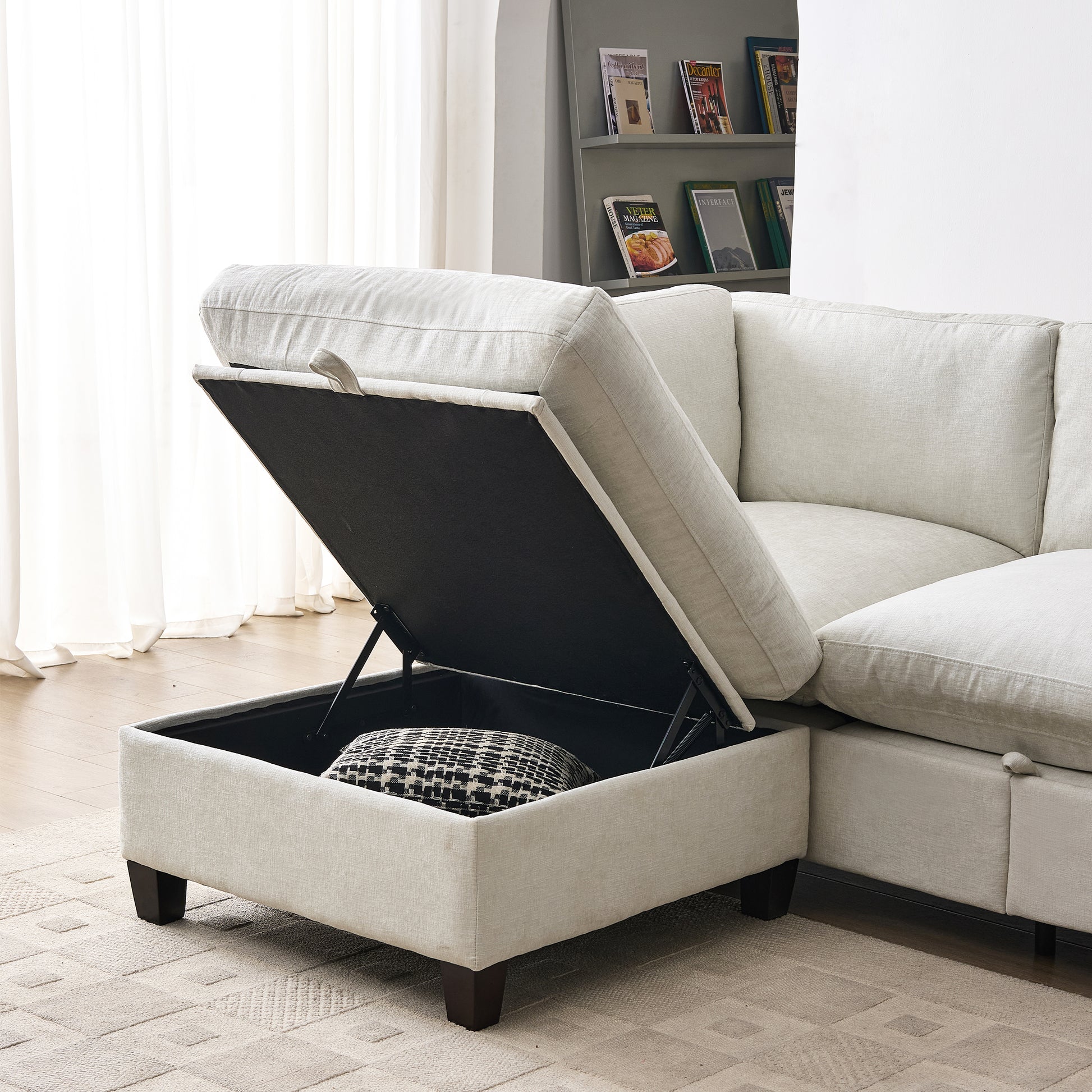 96.5" Sectional Couch for Living room, Upholstered Soft Chenille Fabric Sofa with Storage, 3-Seater with Two Ottomans U Shape Sofa Beige image 4