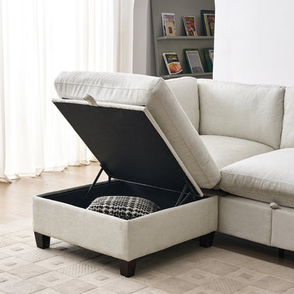 96.5" Sectional Couch for Living room, Upholstered Soft Chenille Fabric Sofa with Storage, 3-Seater with Two Ottomans U Shape Sofa Beige image 4