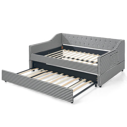 Full‑Size Daybed,Upholstered Convertible Daybed with Tufted Button Backrest, 3‑in‑1 Versatile Sofa Bed with Pull‑Out Trundle & Side Storage, Perfect for Compact Living-Black image 12