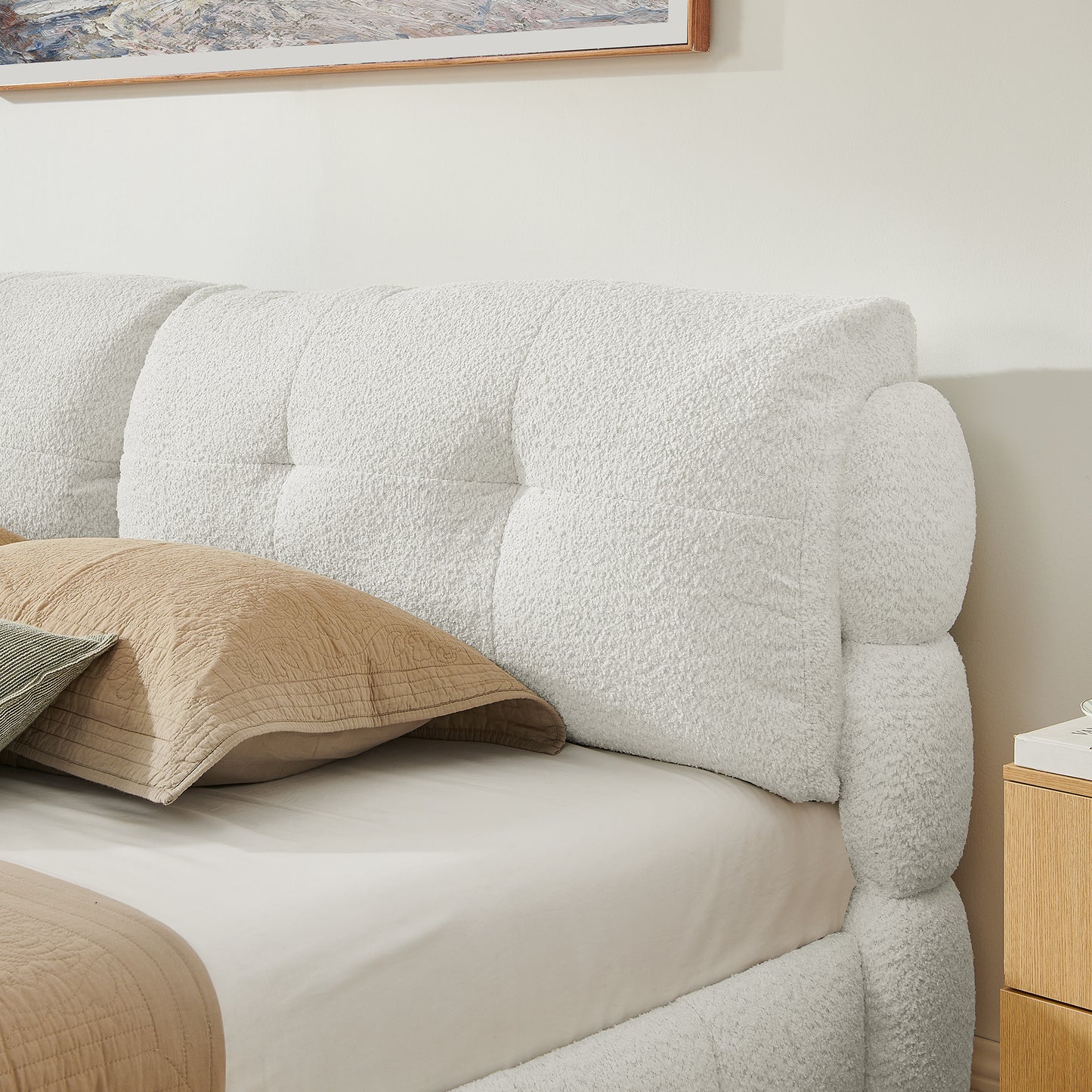 King Cream Style Bouclé Fabric Platform Bed, Soft Cloud-Like Upholstered Frame with Solid Wood Legs, No Box Spring Needed image 4