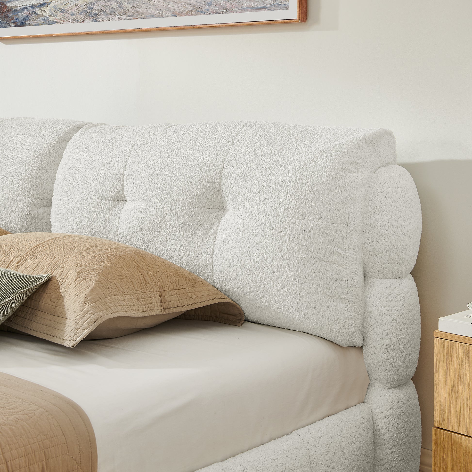 King Cream Style Bouclé Fabric Platform Bed, Soft Cloud-Like Upholstered Frame with Solid Wood Legs, No Box Spring Needed image 4