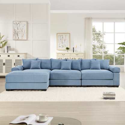 130" Oversized Cloud Modular L-Shape Sectional Couch, Soft Corduroy Fabric,With An Ottoman, Deep Seat Wide Armrest Ergonomic Design 9 Pillows Easy Assembly,For Living Rooms Bedroom,Blue image 3