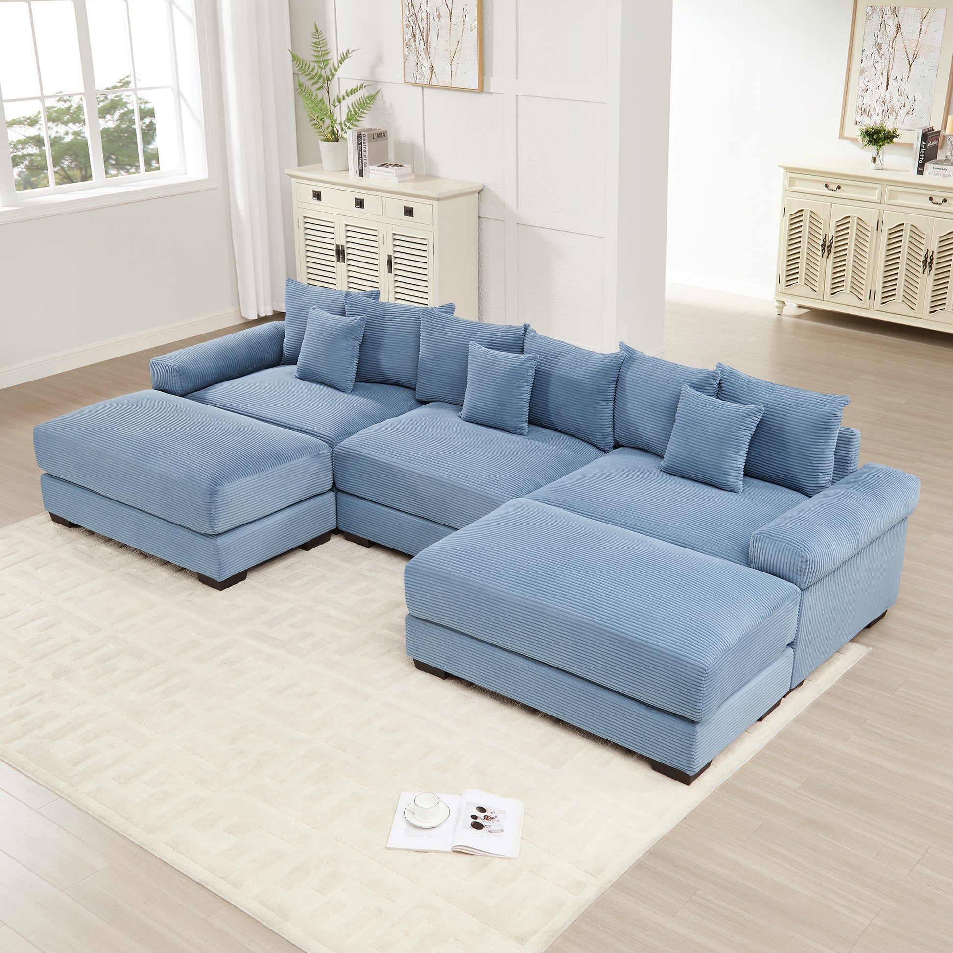 130" Oversized Cloud Modular Sectional Couch, Premium Corduroy Fabric,3-Seater Deep Seat Wide Armrests, With An Ottoman,Ergonomic Design, Easy Assembly For Lounges Living Room,Blue image 1