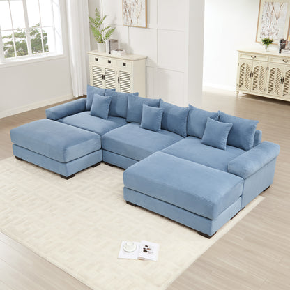 130" Oversized Cloud Modular Sectional Couch, Premium Corduroy Fabric,3-Seater Deep Seat Wide Armrests, With An Ottoman,Ergonomic Design, Easy Assembly For Lounges Living Room,Blue image 1