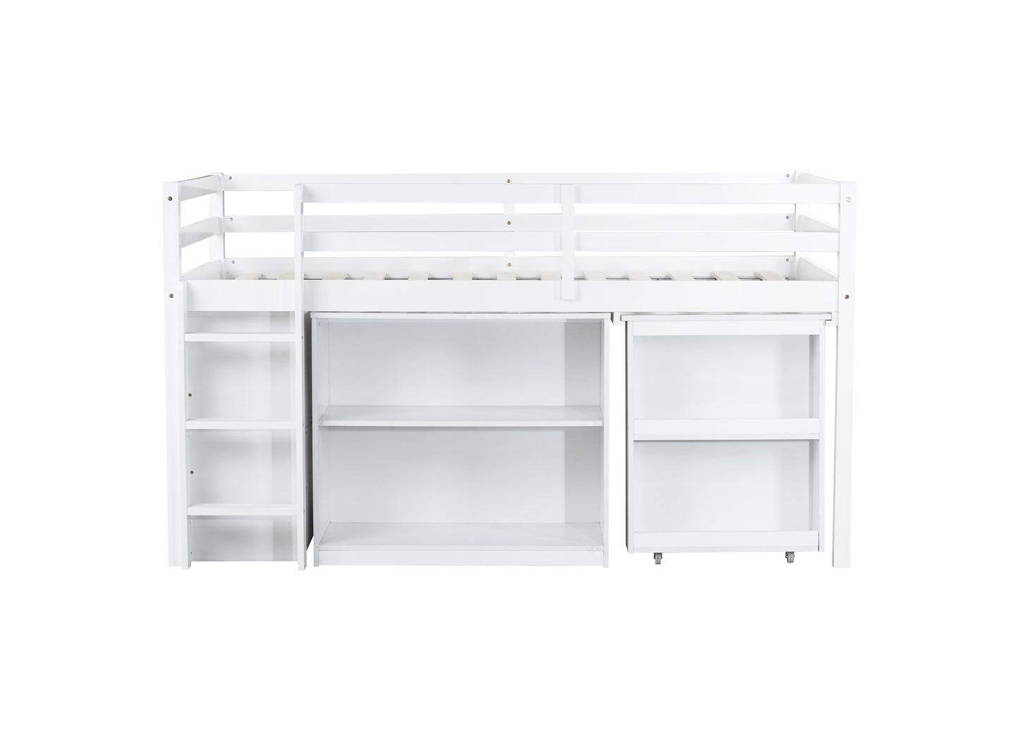Twin Loft Bed w. stroage case,drawers,Twin Loft Bed with,Drawer Cabinet, Shelf Cabinet and Pulling -Out Desk,Rubber Wood Loft Bed with Safety Guardrail,Ladder,White image 7