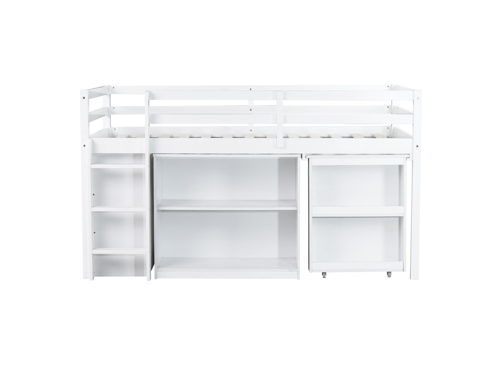 Twin Loft Bed w. stroage case,drawers,Twin Loft Bed with,Drawer Cabinet, Shelf Cabinet and Pulling -Out Desk,Rubber Wood Loft Bed with Safety Guardrail,Ladder,White image 7