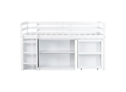 Twin Loft Bed w. stroage case,drawers,Twin Loft Bed with,Drawer Cabinet, Shelf Cabinet and Pulling -Out Desk,Rubber Wood Loft Bed with Safety Guardrail,Ladder,White image 7
