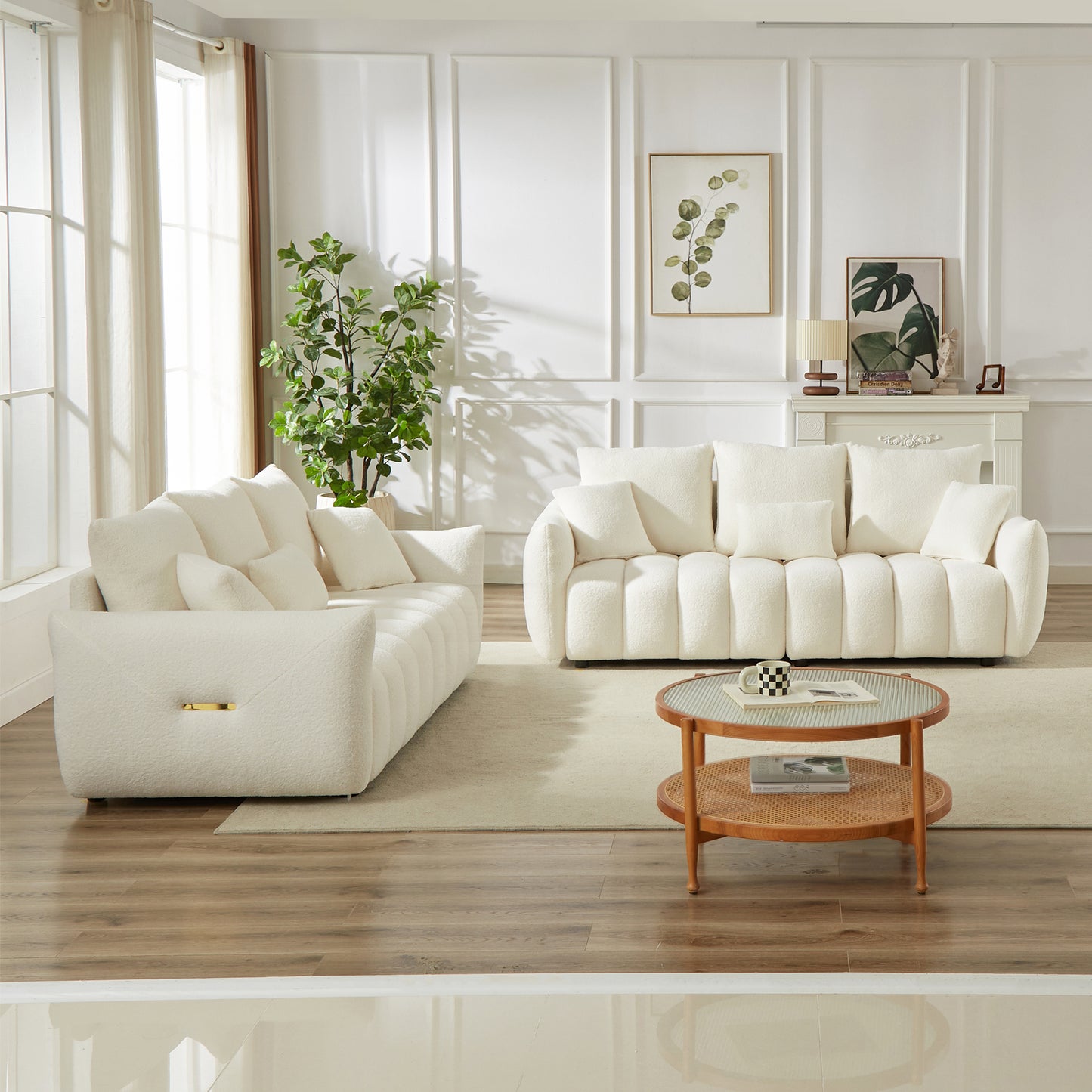 3 Seater + 3 Seater Combo Sofa Modern Living Room Sofa, Teddy Sofa, Wooden Frame, 6 Cushions, Apartment Sofa Furniture image 2