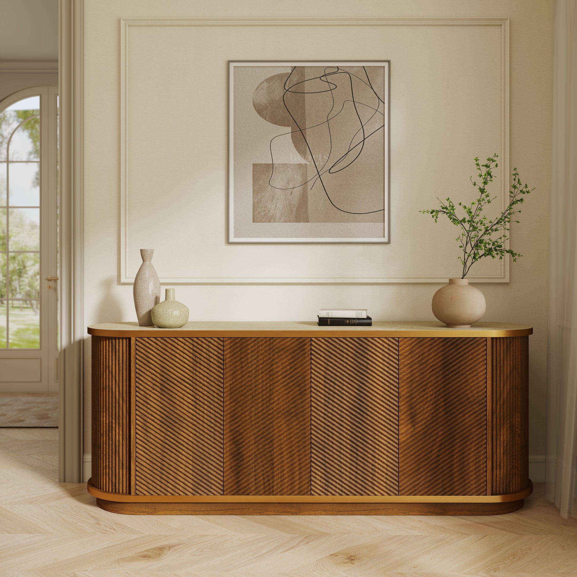 63" Diagonal Fluted Sideboard Cabinet with Storage, 4-Door Walnut Buffet Credenza TV Stand with Gold Trim, Cream Faux Marble-Top Console Table, Modern Cabinet for Dining Room, Living Room, Walnut image 4