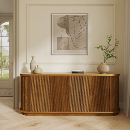 63" Diagonal Fluted Sideboard Cabinet with Storage, 4-Door Walnut Buffet Credenza TV Stand with Gold Trim, Cream Faux Marble-Top Console Table, Modern Cabinet for Dining Room, Living Room, Walnut image 4