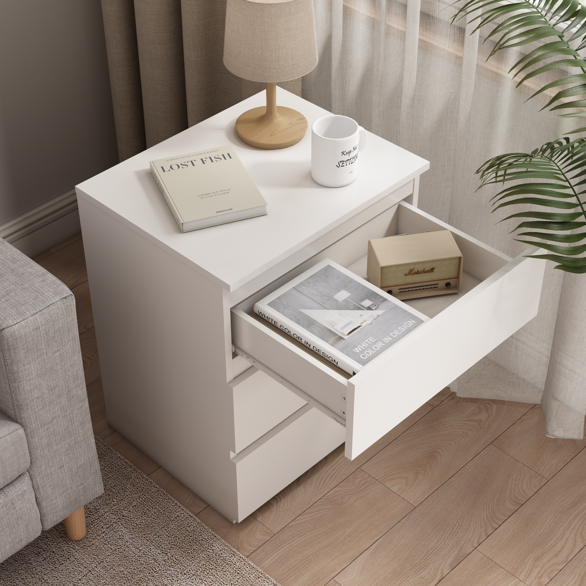 (Set of 2)3 Drawer Dresser, Small Dresser for Closet, Wooden White Nightstand for Bedroom, Chest of Drawers Side Table Storage Cabinet for Home Office, Each box Contains Two Side Tables image 8