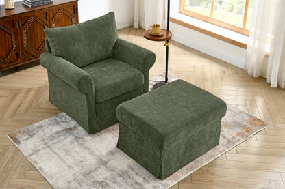 37.5" Accent Chair with Ottoman, Plush Chenille Upholstered Armchair, Stylish Single Sofa Chair for Living Room, Bedroom, Apartment image 1