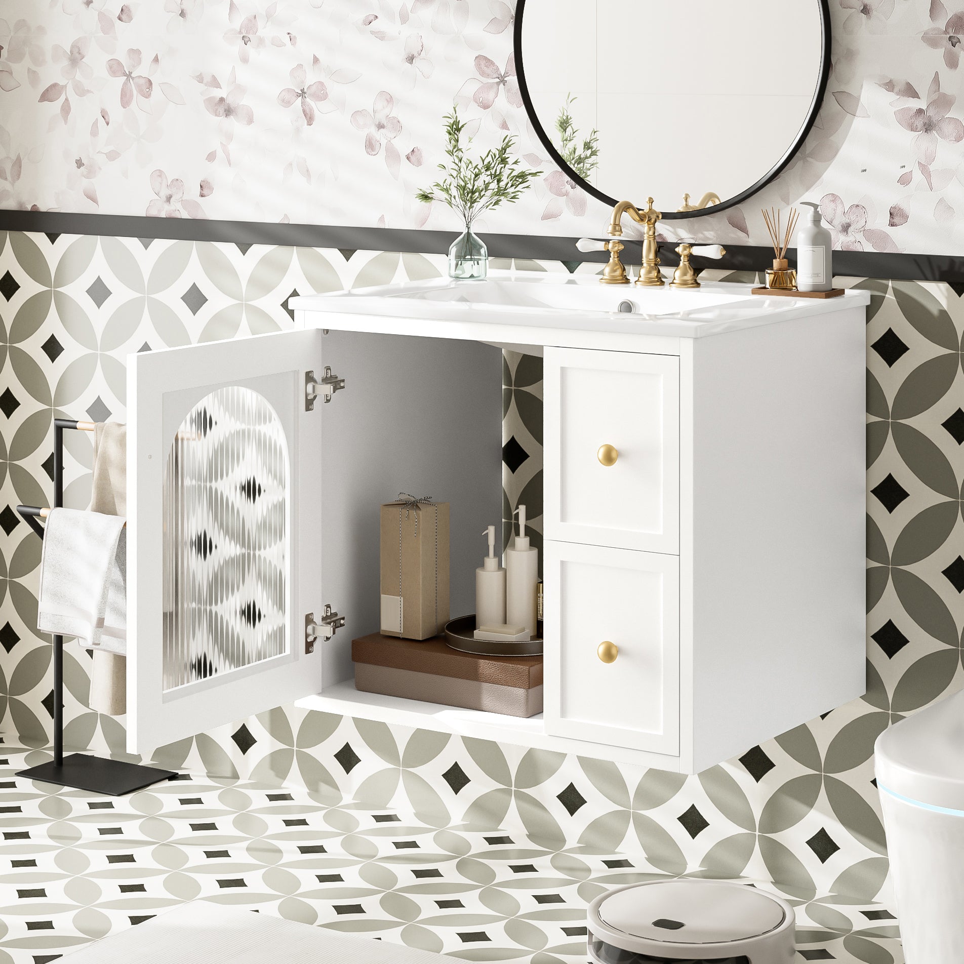 24" Bathroom Vanity Set Wall Mounted for Small Space, Bathroom Cabinet with Ceramic Sink, 2 Drawers and 1 Soft-Close Door image 4