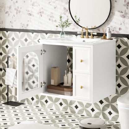 24" Bathroom Vanity Set Wall Mounted for Small Space, Bathroom Cabinet with Ceramic Sink, 2 Drawers and 1 Soft-Close Door image 4