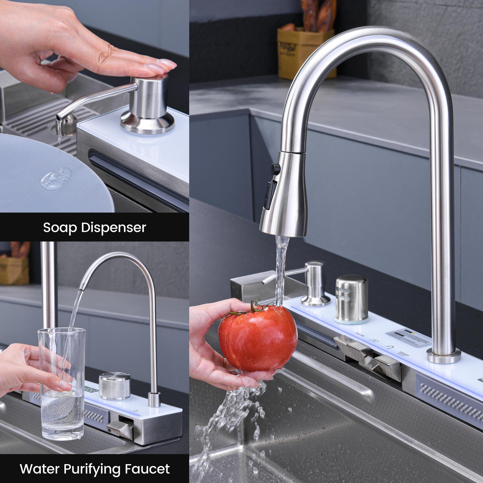 Pull-out Faucet Single Bowl Sink Kitchen Vegetable Sink 304 30"x18" Whale Waterfall Sink Stainless Steel Dish Sink wIth Dishwasher Accessories Household Vegetable Washing Basin, Dark Gray image 9