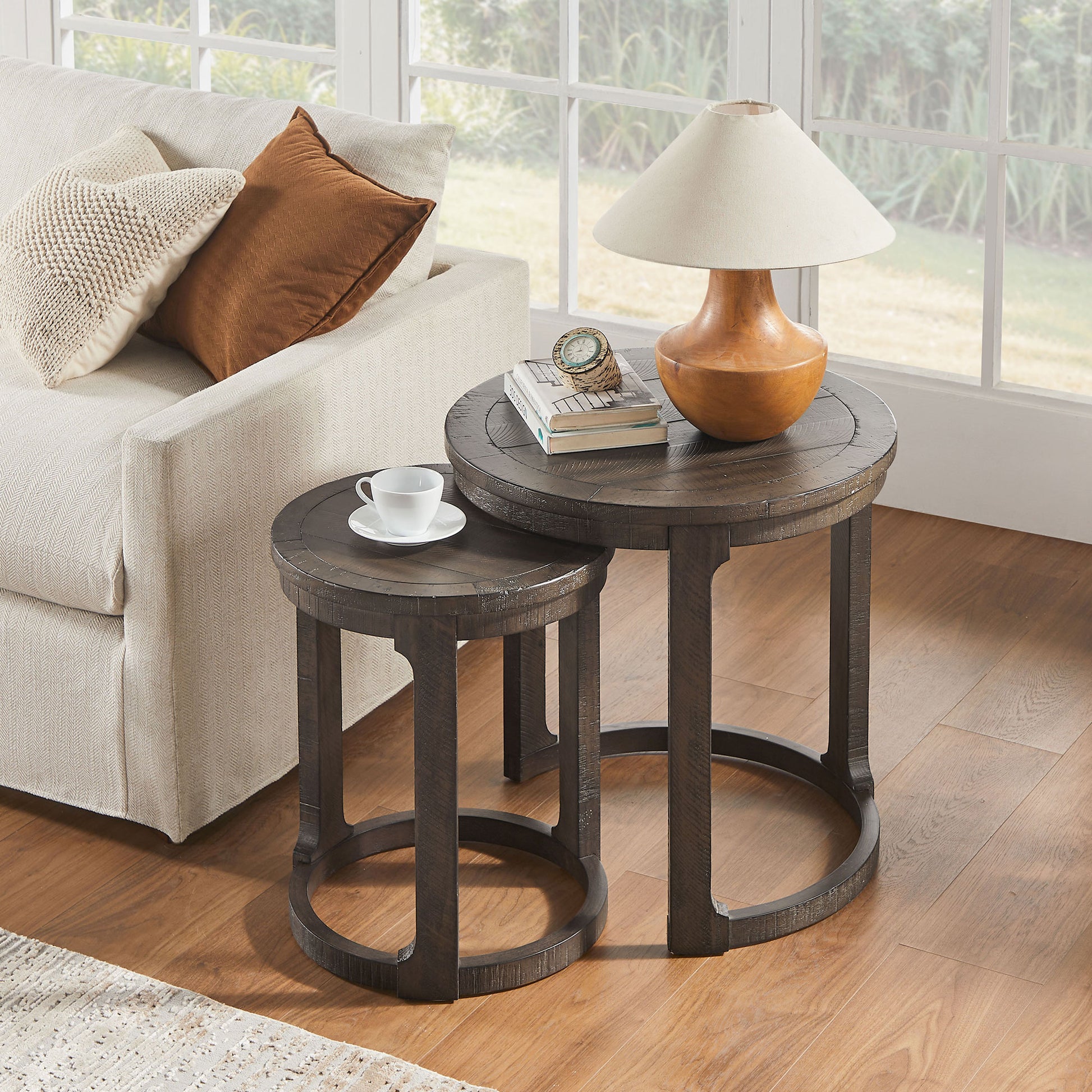 24 inch 2PCS Curved Traditional Round Circle Wooden Coffee Table Set,Mid Century Rustic Style Side Table,End Table for living Room,Office,Apartmen,Drak Brown image 7