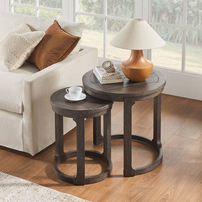 24 inch 2PCS Curved Traditional Round Circle Wooden Coffee Table Set,Mid Century Rustic Style Side Table,End Table for living Room,Office,Apartmen,Drak Brown image 7