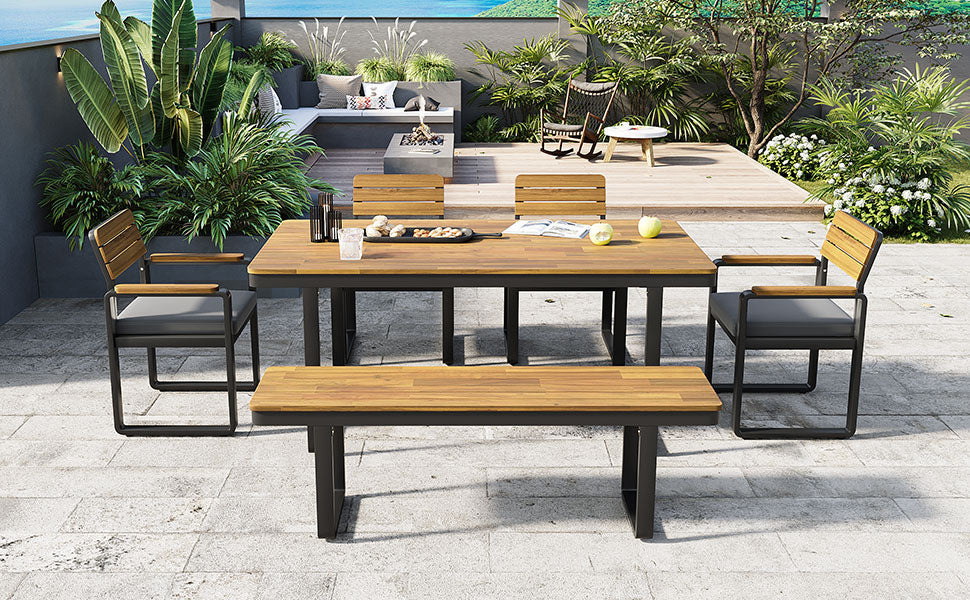6-Piece Outdoor Dining Set, Acacia Wood, 1 Table with 4 Chairs & 1 Bench for 6-7 Person, Comfortable Cushions on Chairs, Adjustable Feet, for Patio, Garden, Backyard Dining, Gray Cushion image 9