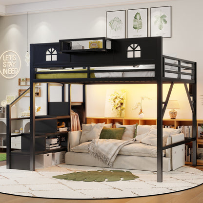 Queen Size Loft Bed with Stairs, Metal Queen Loft Bed with High and House Shaped Guardrails, High Loft Bed with Wardrobe for Kids Teens, black(Old SKU W2593S00061) image 2