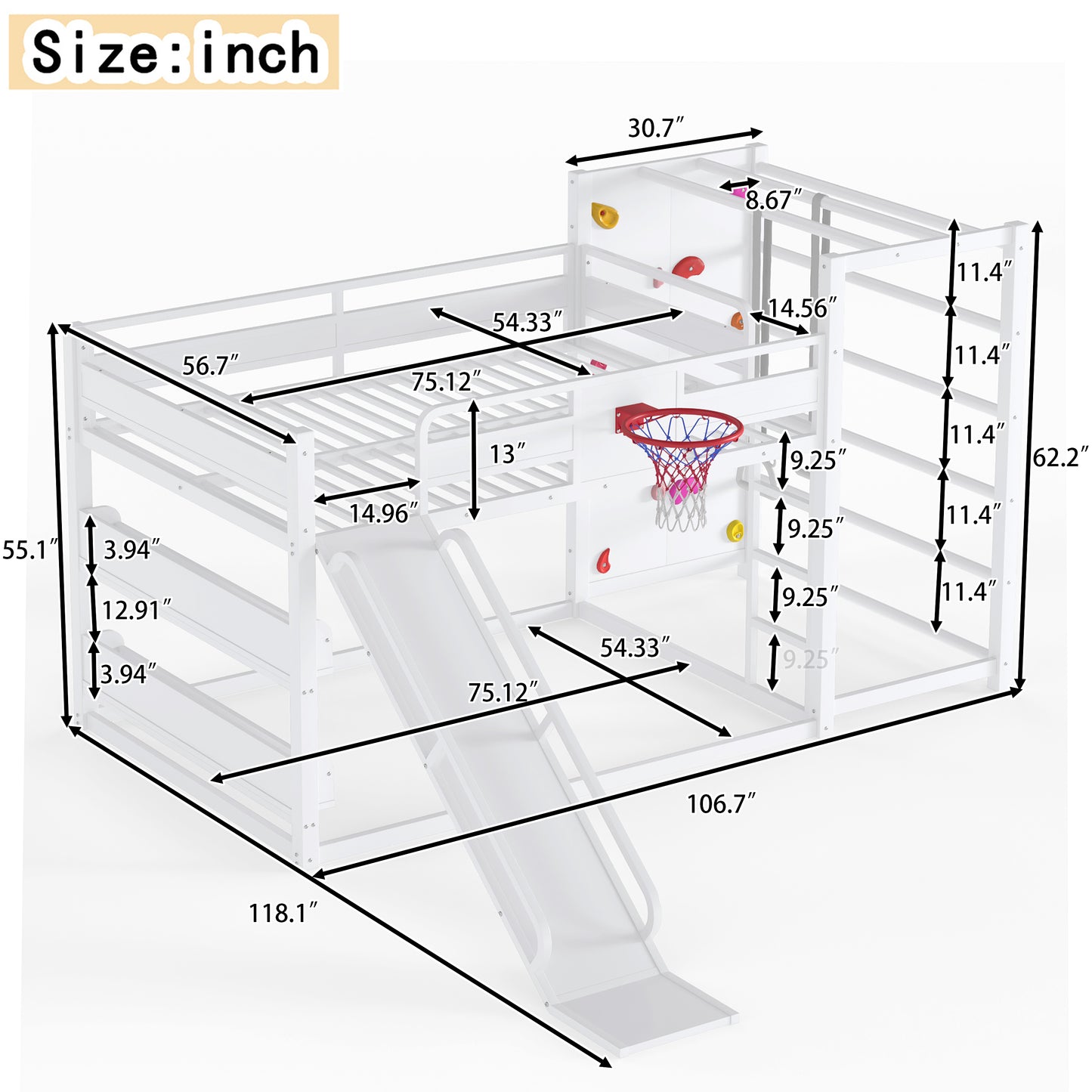 Full size metal loft bed with basketball hoop, pull-up rings, climbing wall, and built-in bookshelves. Playful children's design featuring a slide,White image 4
