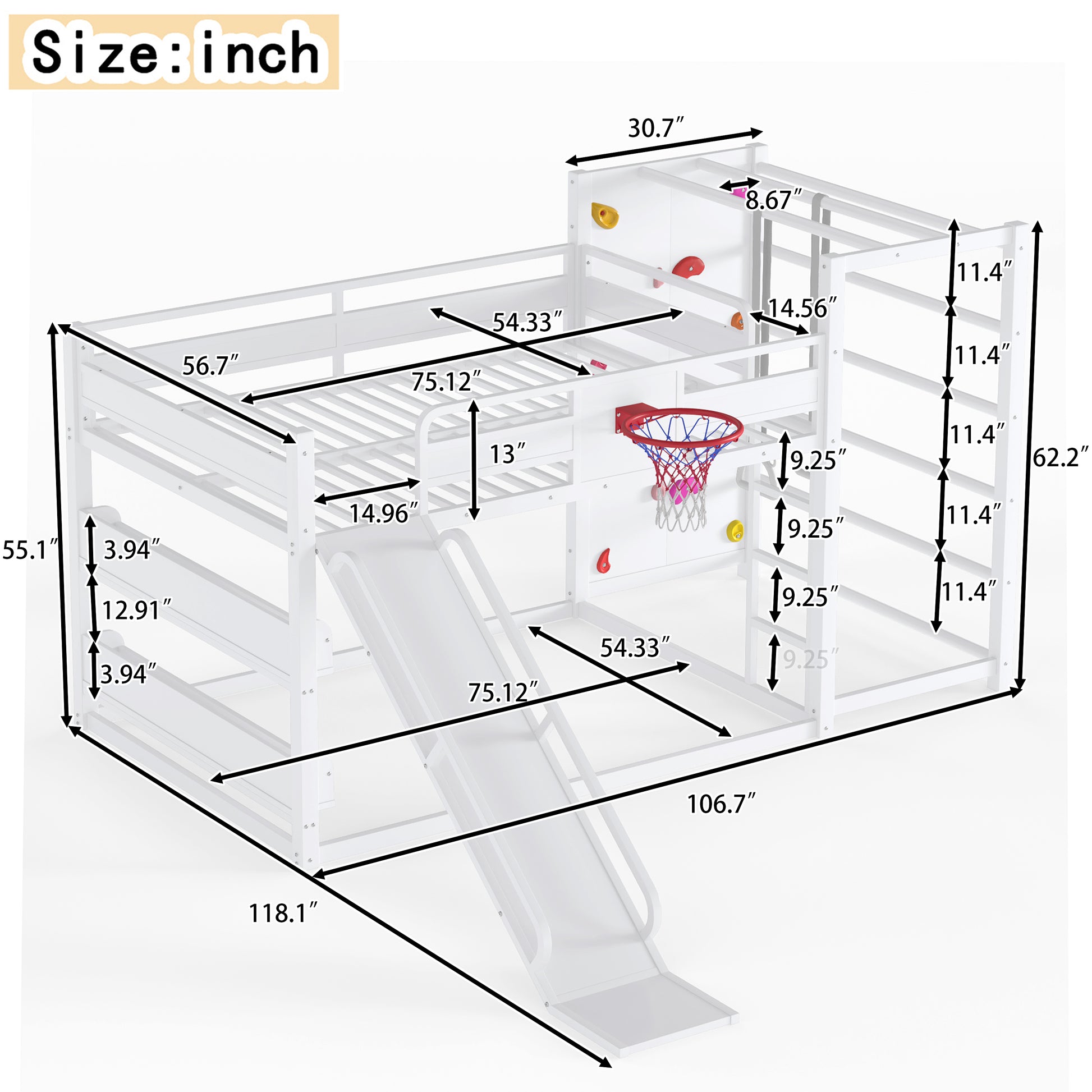 Full size metal loft bed with basketball hoop, pull-up rings, climbing wall, and built-in bookshelves. Playful children's design featuring a slide,White image 4