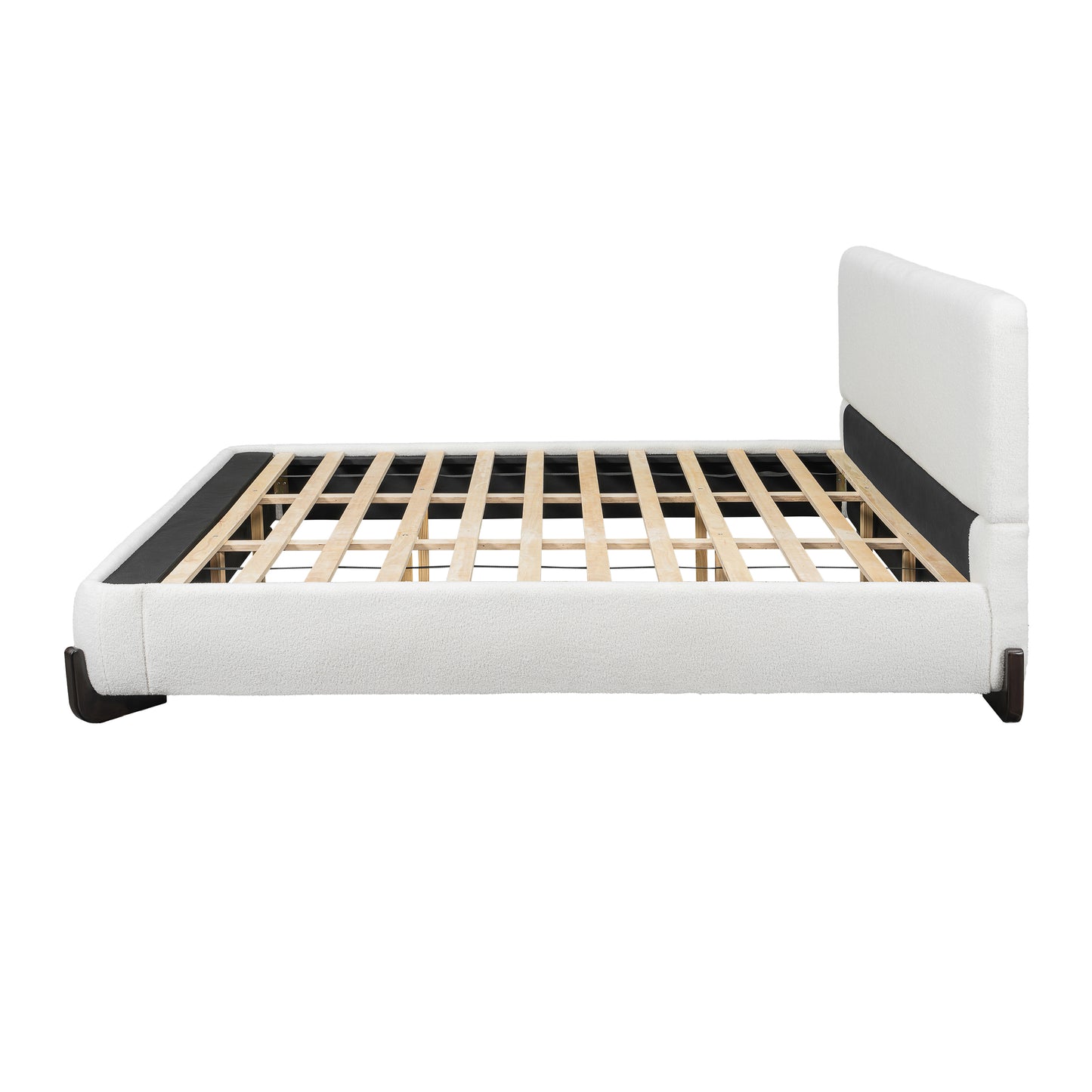 Elegant terry upholstered bed with dark brown solid wood legs, luxurious and comfortable bedroom centerpiece, king size, white image 2