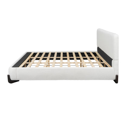 Elegant terry upholstered bed with dark brown solid wood legs, luxurious and comfortable bedroom centerpiece, king size, white image 2