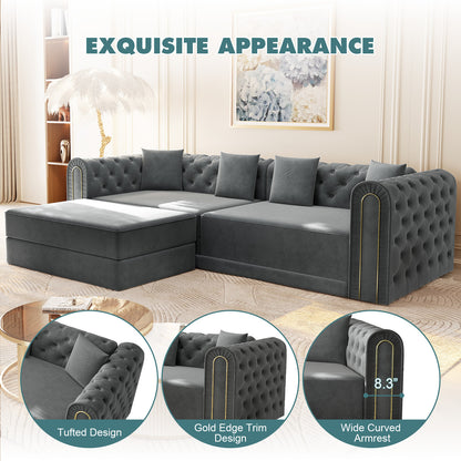 90.6" 3-in-1 Convertible Sleeper Sofa,Elegant Modern Couch with Button Tufted and Gold Edge Trim,3-Seater Couch with Movable Ottoman for Living Room,Apartment,Office,Bedroom,Dark Grey image 11