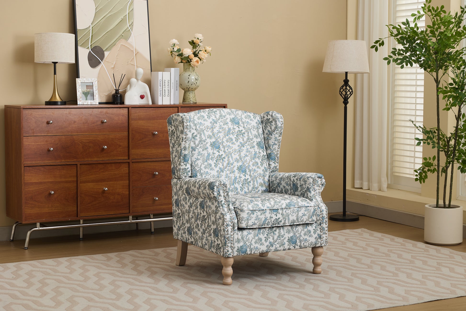 Modern Accent Chair with Retro Wood Legs, Comfy Upholstered Armchair, Floral Design Single Sofa Chair for Living Room Bedroom Office - Blue Bird image 1