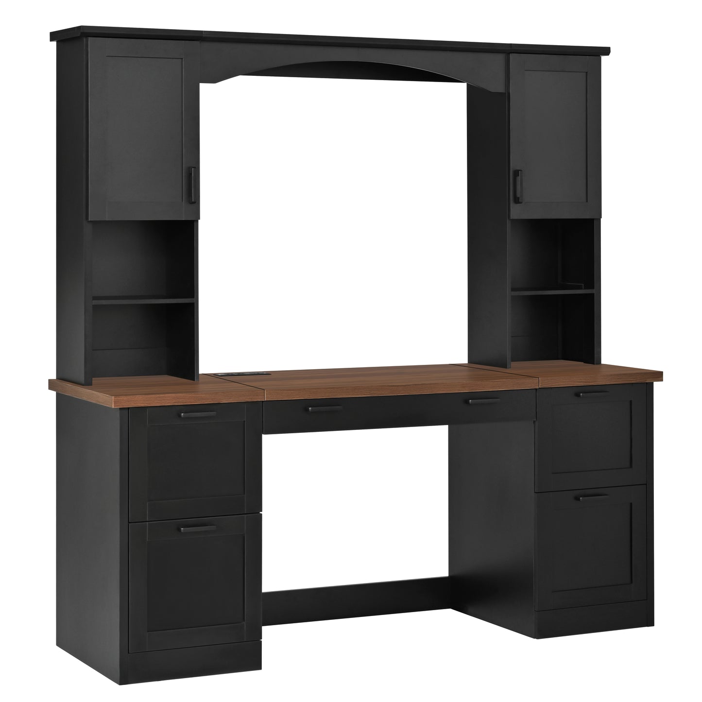 ON-TREND Farmhouse Arched Computer Desk with Hutch, Mid-Century Walnut Home Office Workstation with Charging Station & Keyboard Tray, All-in-One Writing Desk with File Drawer for Study, Office, Black image 9