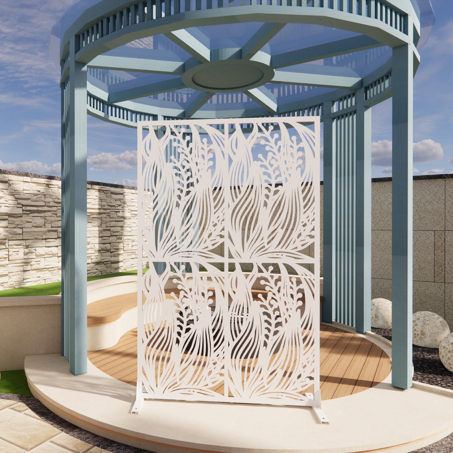 Metal Privacy Screens W3.8Ft X H6Ft Outdoor and Indoor Divider with Free Standing Decorative Privacy Screen for Balcony Patio Garden Room Divider, White Leaf Shape image 1